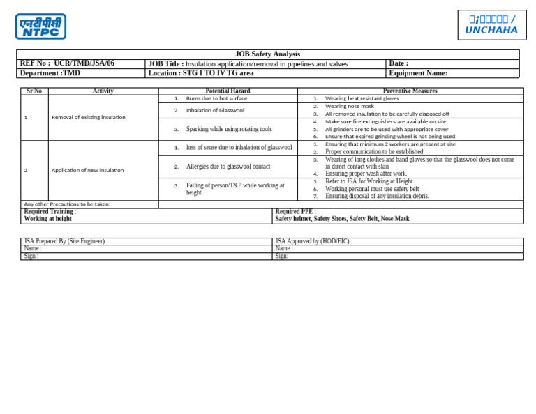 Job Safety Analysis for Insulation Work | PDF | Working Conditions ...