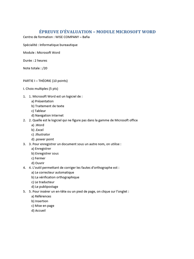Évaluation du module Microsoft Word | PDF