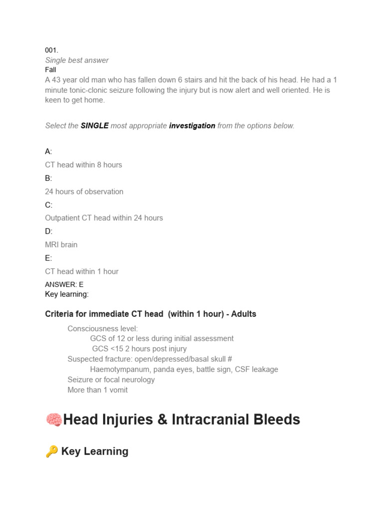 Head Injury CT Guidelines for Adults | PDF | Epilepsy | Headache