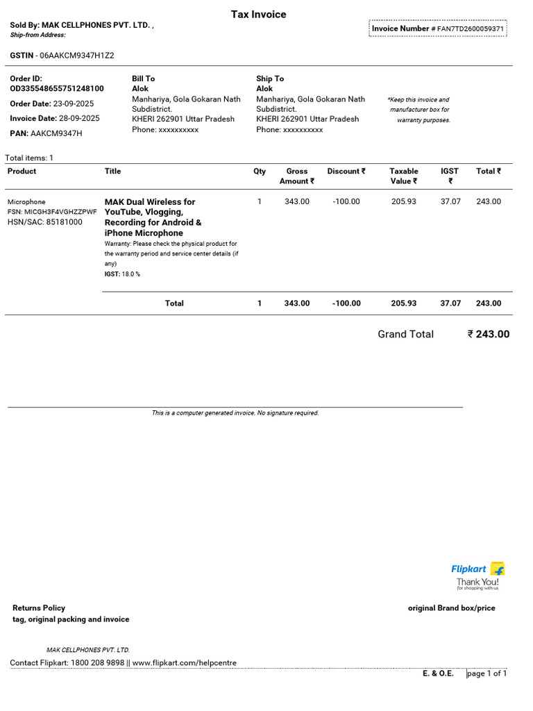 Invoice for MAK Dual Wireless Microphone | PDF | Payments | Taxes