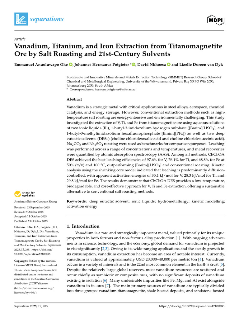 Vanadium, Titanium, and Iron Extraction From Titanomagnetite Ore by ...