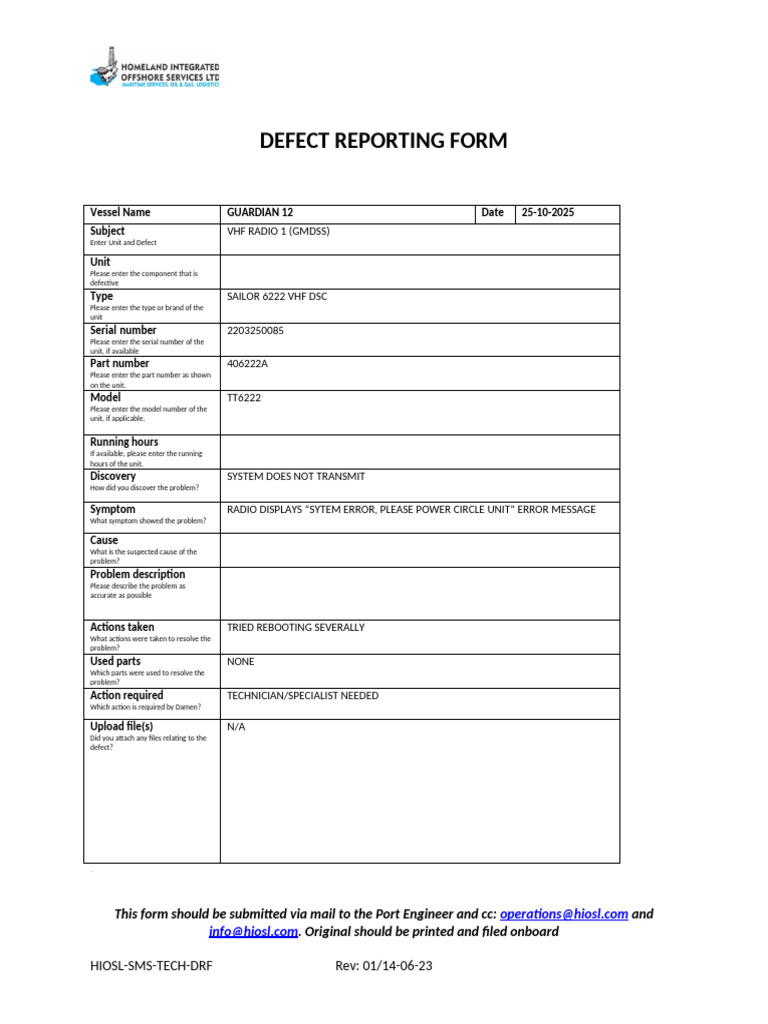 Defect Reporting Form VHF 25-10-2025 | PDF