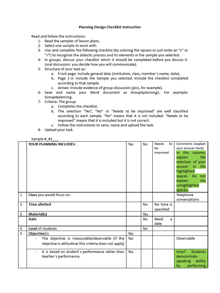 Week 7 Planning Design Checklist Instruction Trabajado | PDF | Reading ...