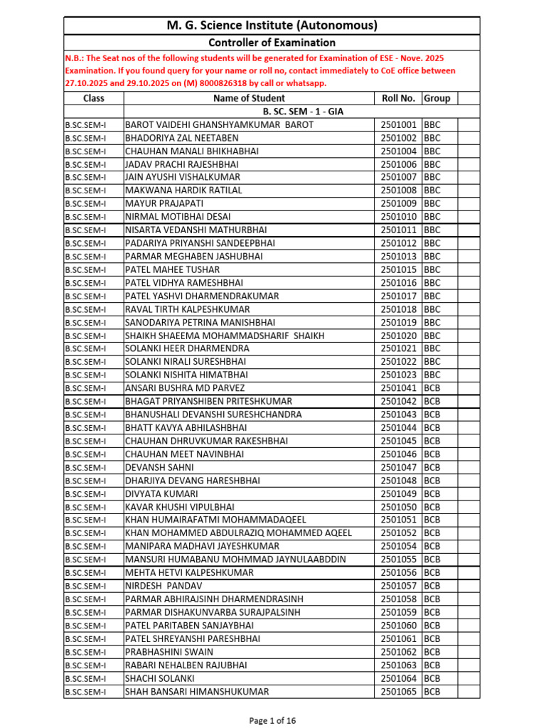 B.Sc. Sem-I Student List 2025 | PDF