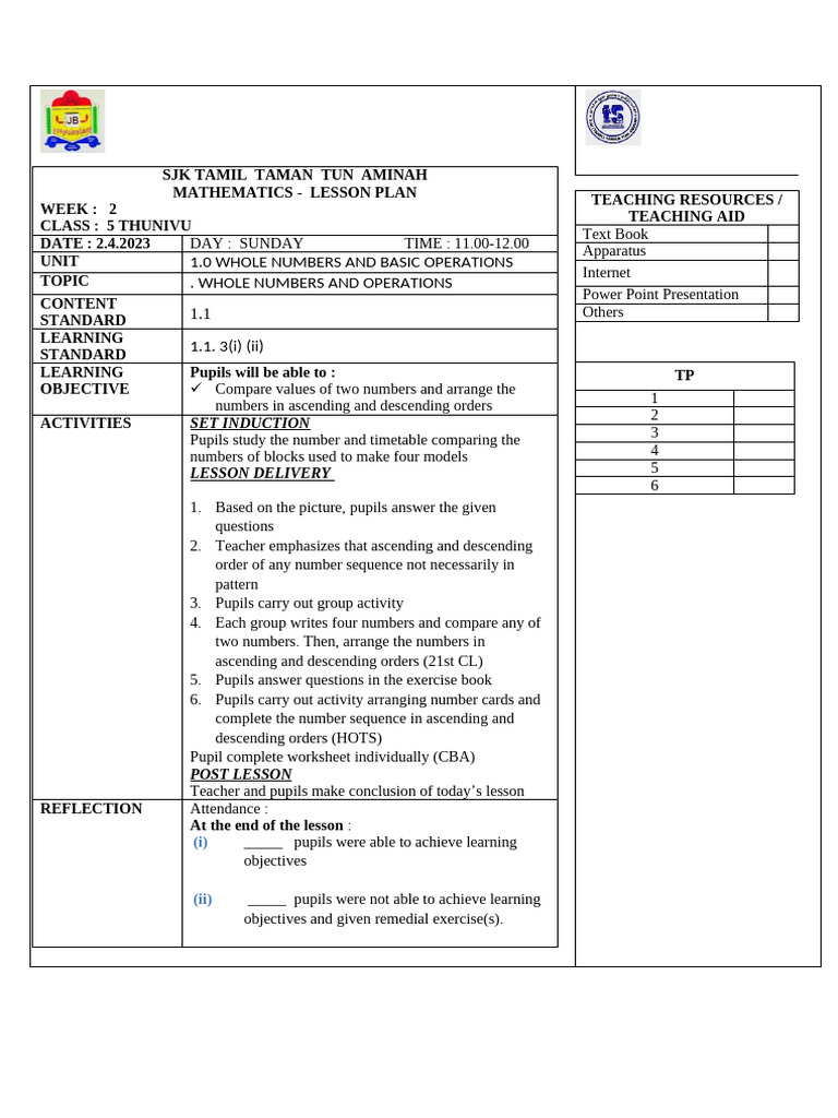 Mathematics Lesson Plan for Class 5 | PDF | Teachers | Lesson Plan