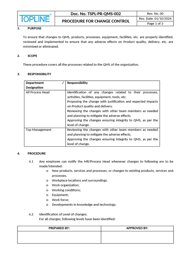 QMS Change Control Procedure | PDF | Quality Management System | Safety