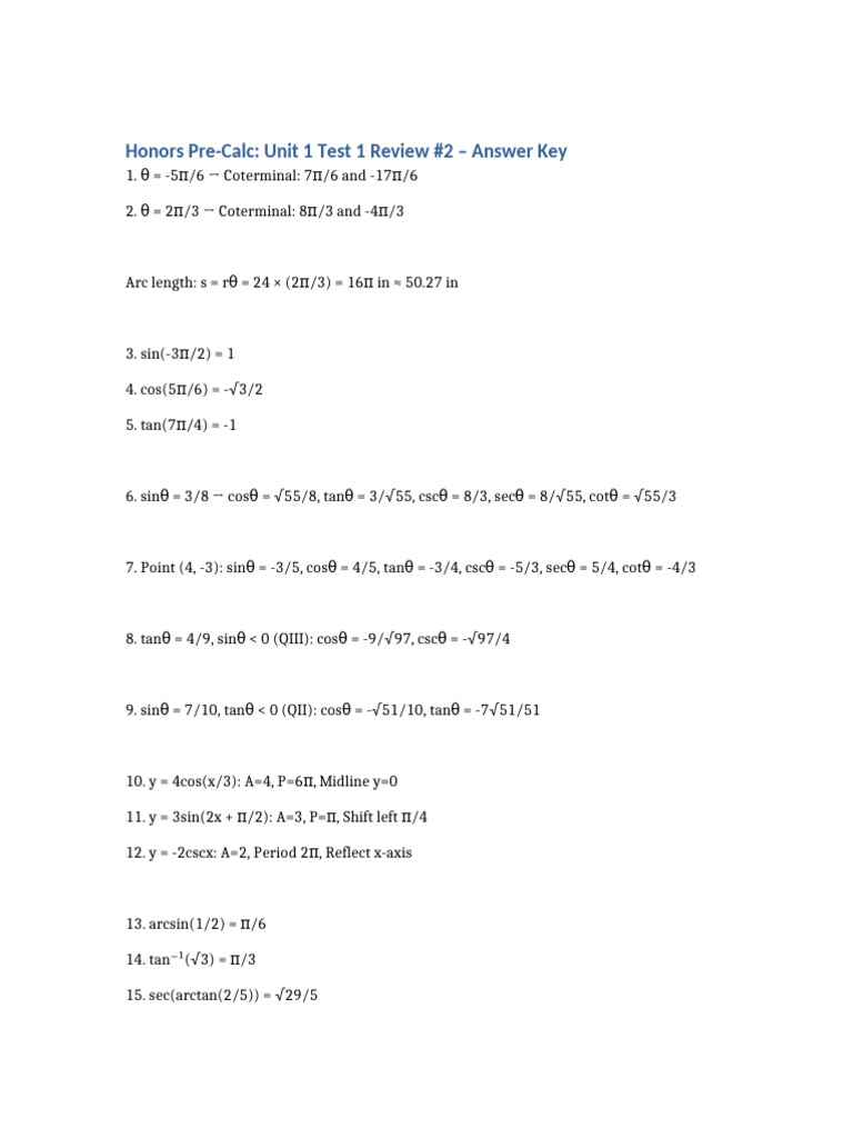Honors PreCalc Review 2 Answer Key | PDF