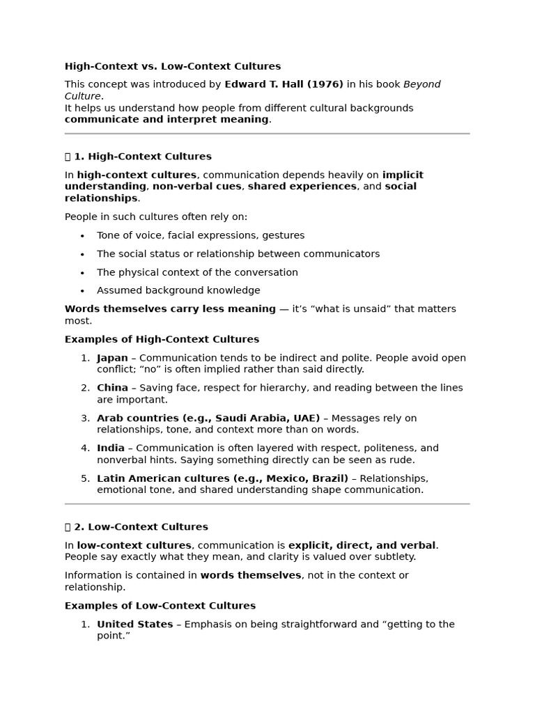 High vs. Low Context Cultures Explained | PDF | Behavioural Sciences ...