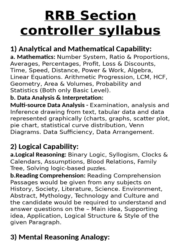 RRB Section Controller Syllabus 2024 | PDF | Mathematics | Numbers