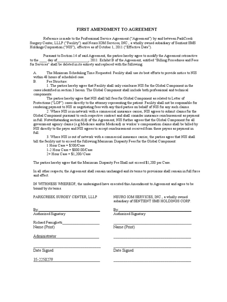 First Amendment To Agreement | PDF | Payments | Insurance