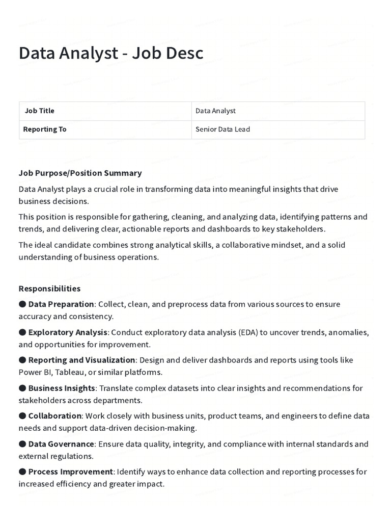 Data Analyst Job Description | PDF | Data Analysis | Data