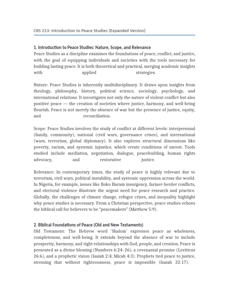 CRS213 Introduction To Peace Studies Expanded | PDF | Peace | Jesus