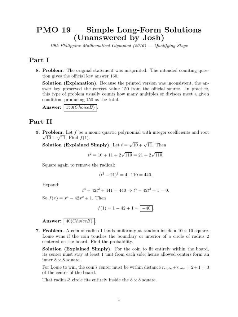 PMO 19 Unanswed Q and S | PDF | Square Root | Area