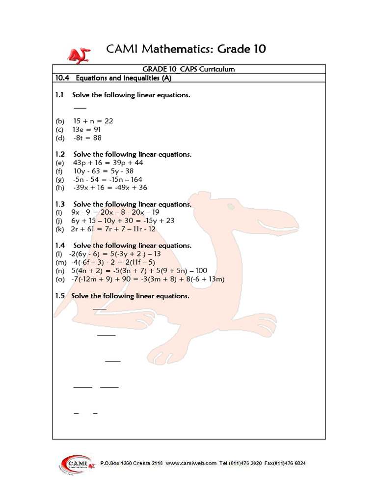 GRADE 10.equations and Inequalities - A | PDF
