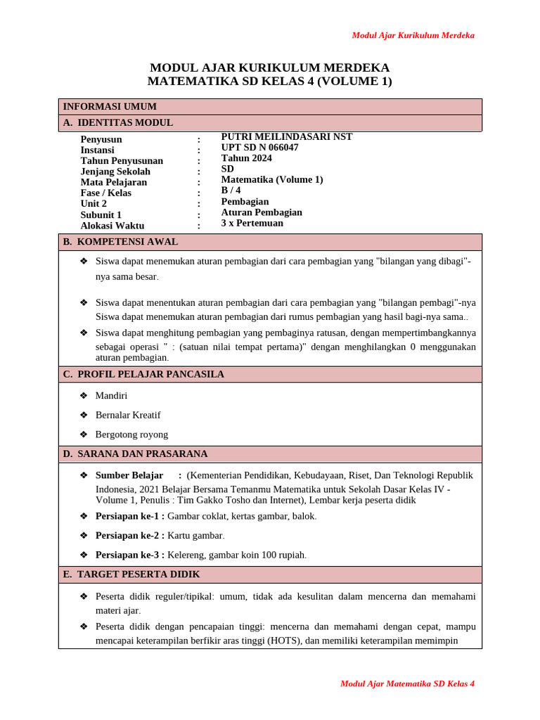 Modul Ajar Matematika SD Kelas 4 | PDF