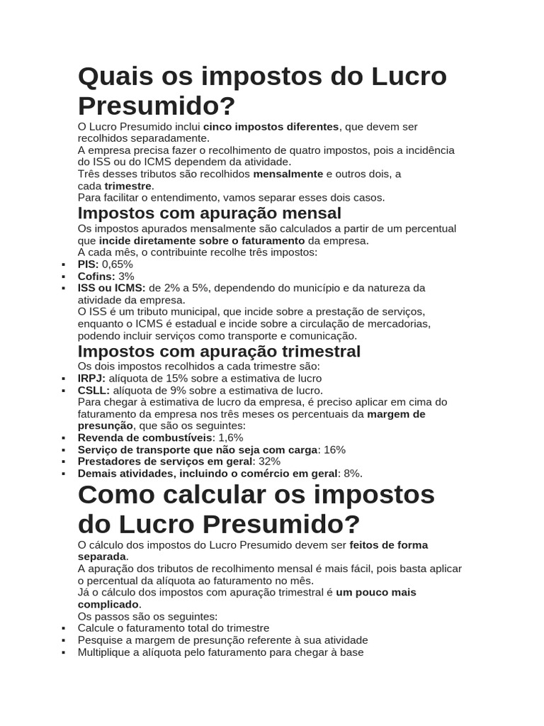 Impostos do Lucro Presumido: Guia Completo | PDF | Impostos | Imposto ...