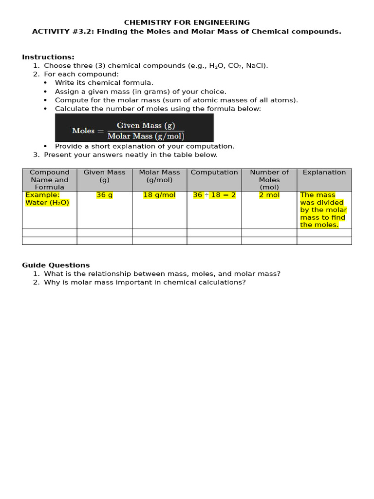 Activity 3.2 Finding The Moles and Molar Mass of Chemical Compounds | PDF