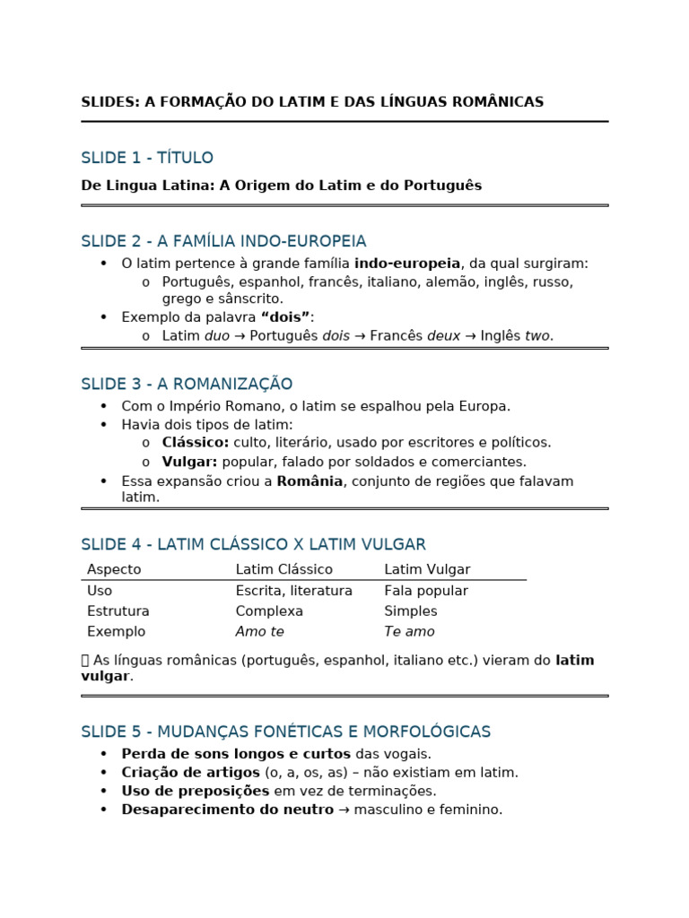 Formação do Latim e Línguas Românicas | PDF | Latim | Português (idioma)