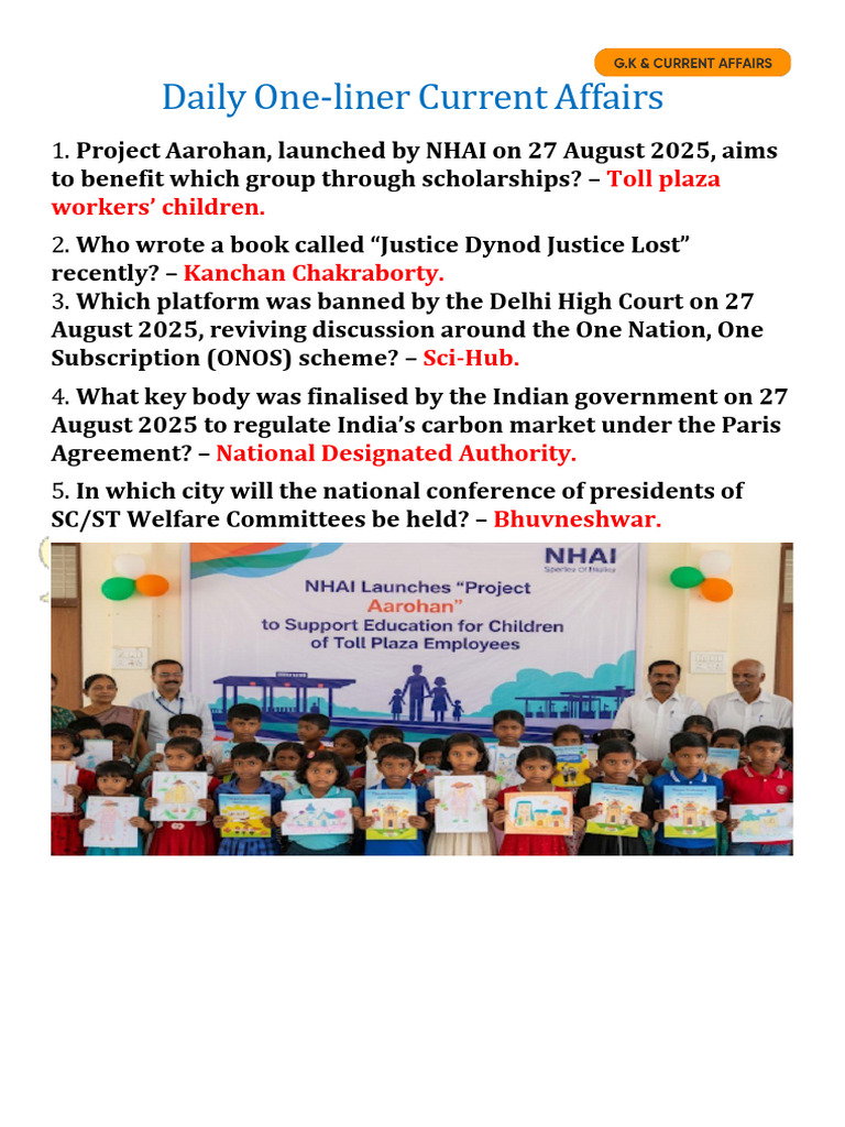 Daily One Liner Current Affairs - 28 August 2025 | PDF
