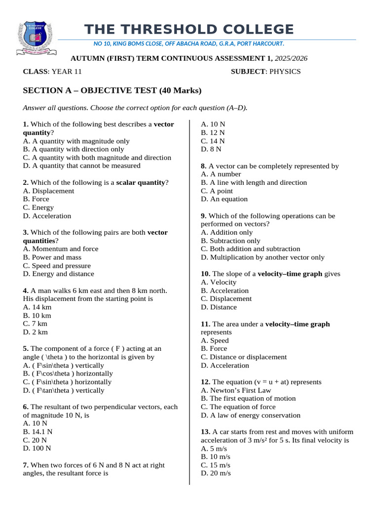 Year 11 Physics Assessment 2025/2026 | PDF | Force | Velocity