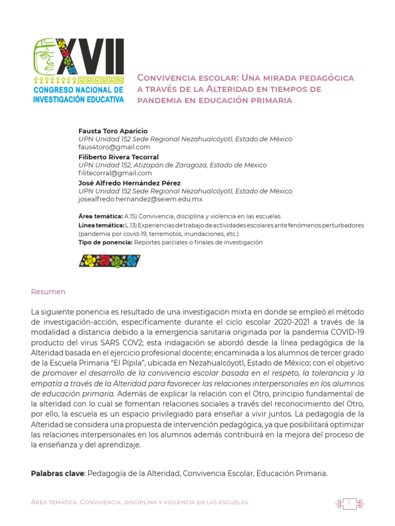 Convivencia Escolar y Alteridad en Pandemia | PDF | Evaluación | Pedagogía