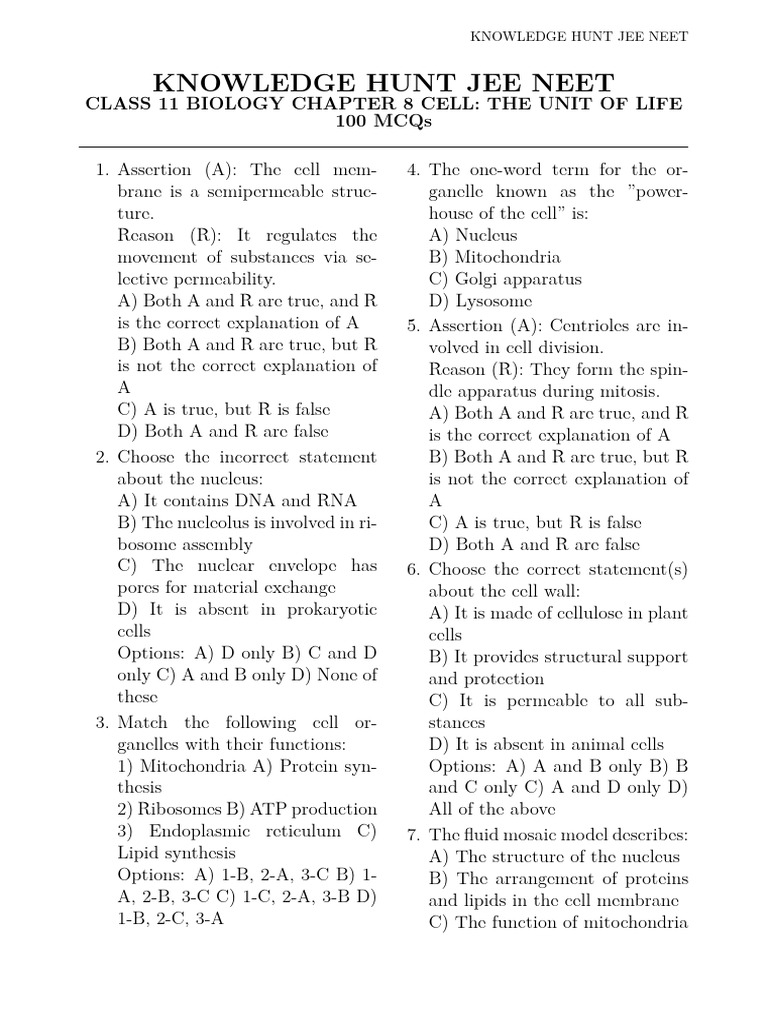 JEE NEET Biology: Cell Unit MCQs | PDF | Cell (Biology) | Endoplasmic ...