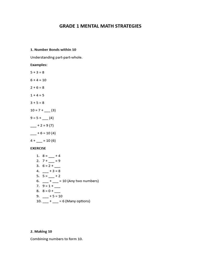 Grade 1 Mental Math Strategies | PDF