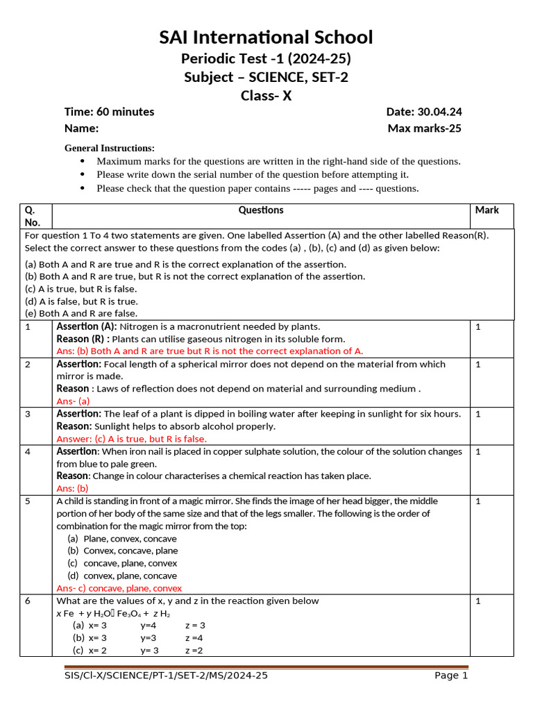 Class X Science Periodic Test 2024-25 | PDF | Photosynthesis | Stoma
