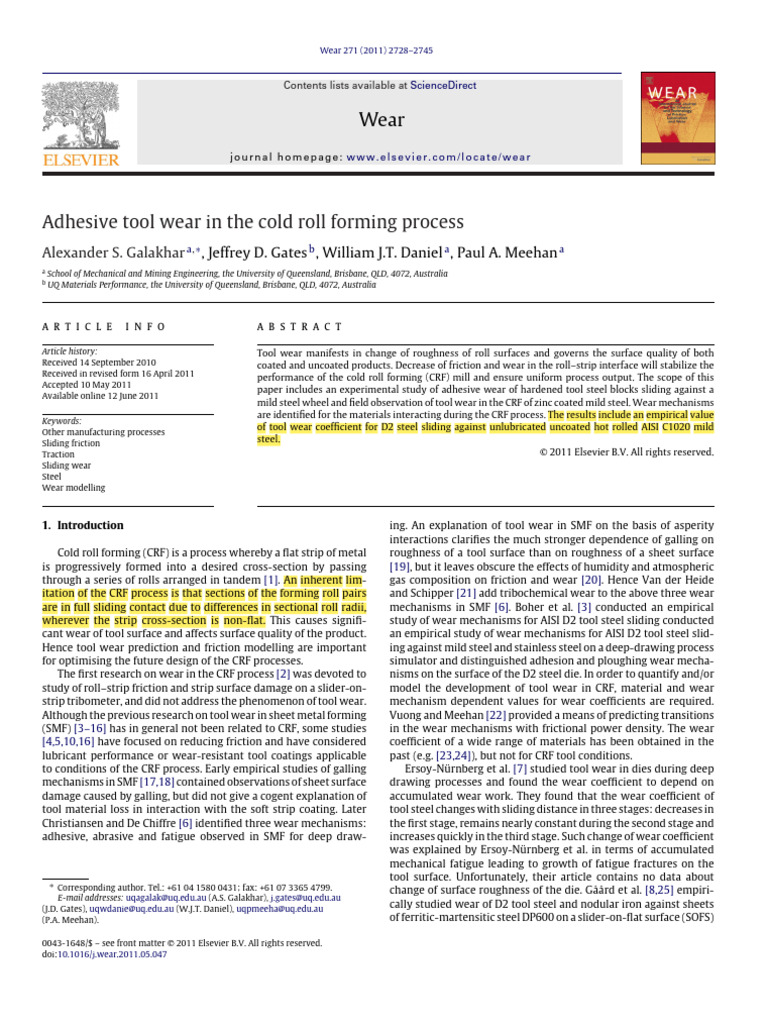 Adhesive Tool Wear in Cold Roll Forming | PDF | Wear | Friction