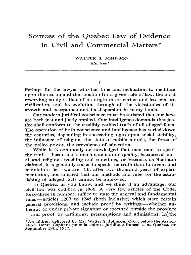 Sources of The Quebec Law of Evidence in Civil and Commercial Matters ...
