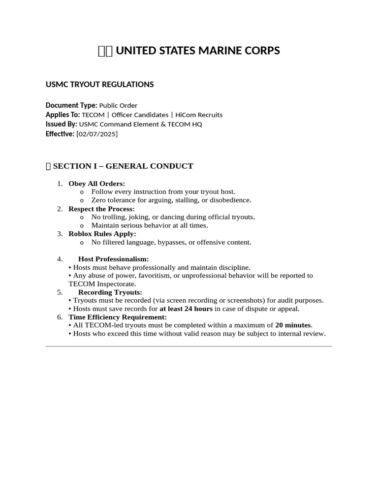 USMC Tryout Regulations Overview | PDF | United States Marine Corps