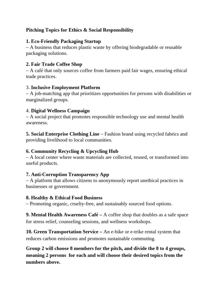Pitching Topics and Sample For Ethics Social Responsibility | PDF ...