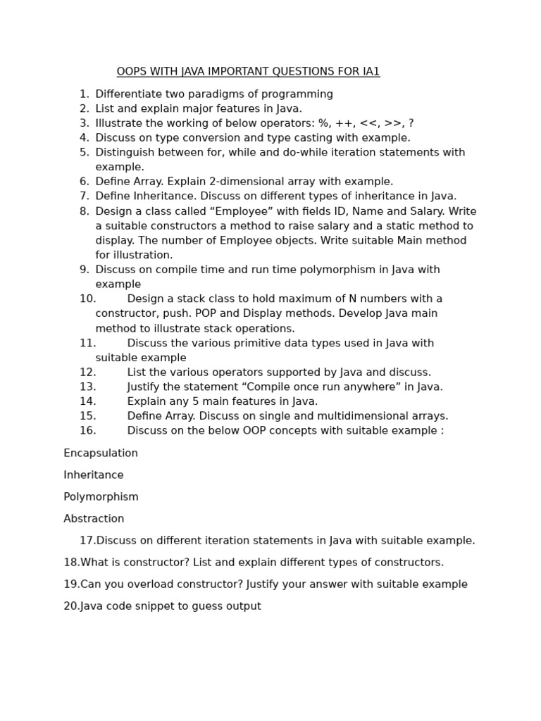 Java OOP Important Questions for IA1 | PDF