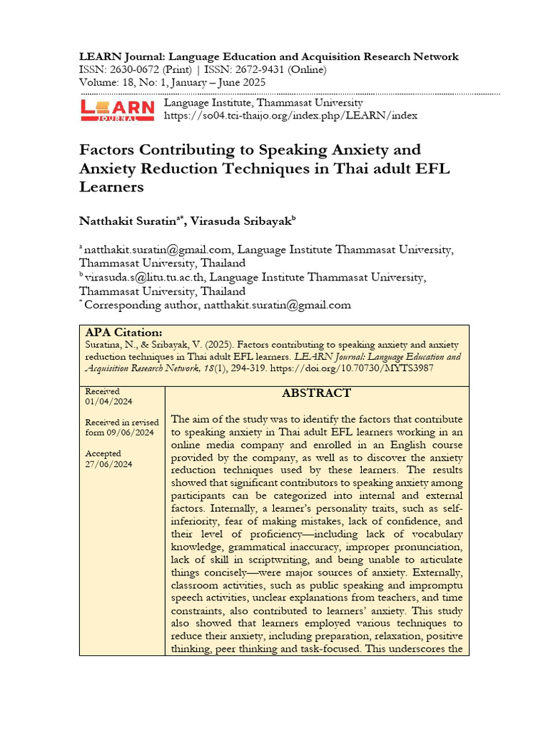 Speaking Anxiety in Thai EFL Learners | PDF | Anxiety | English As A ...