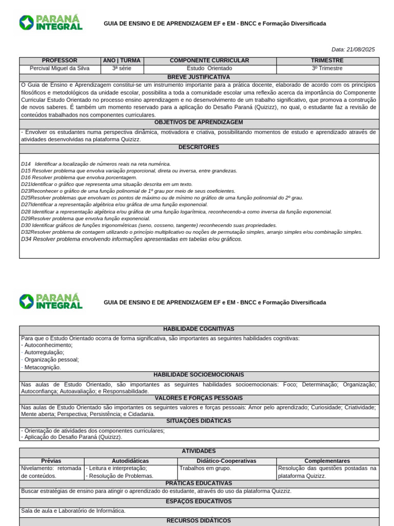 Guia de Estudo Orientado para 3ª Série | PDF | Aprendizado | Metacognição