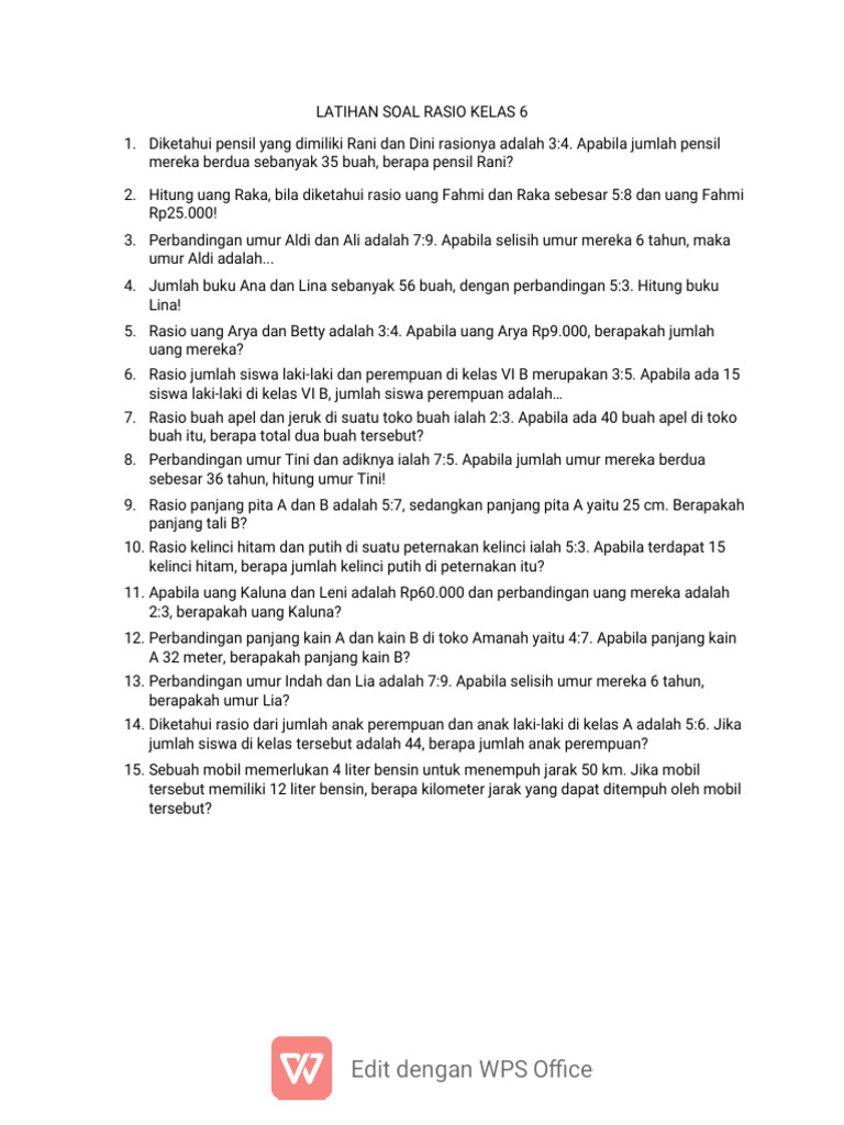 Latihan Soal Rasio Kelas 6 | PDF