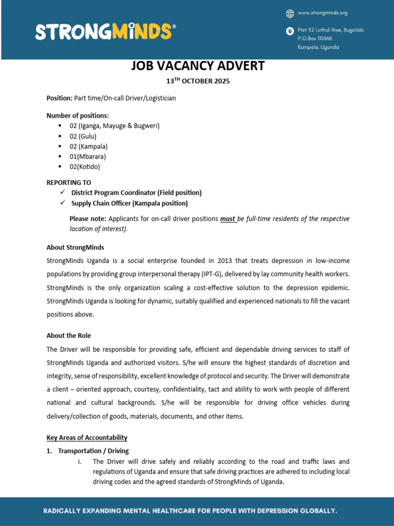 Part-Time Driver/Logistician Jobs in Uganda | PDF | Logistics | Vehicles