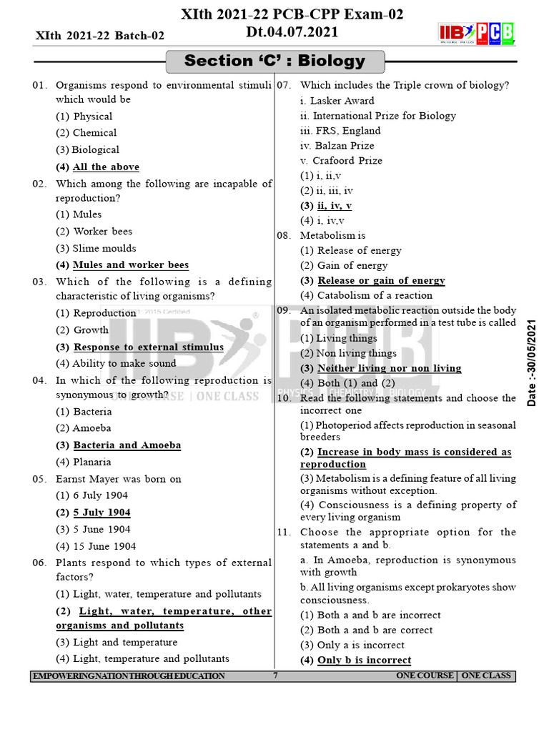 04.07.2021 XIth 2021-22 PCB - CPP Exam - 02 Dt.04.07.2021 Version - P ...