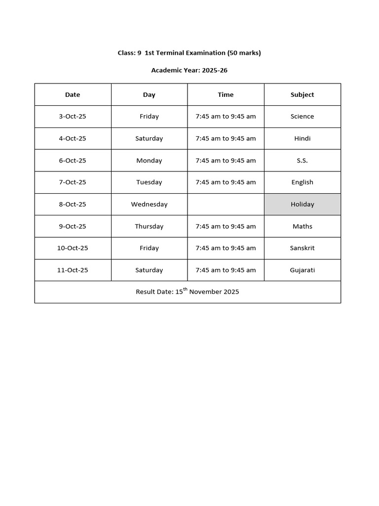 9th Class Terminal Exam Timetable 2025 | PDF