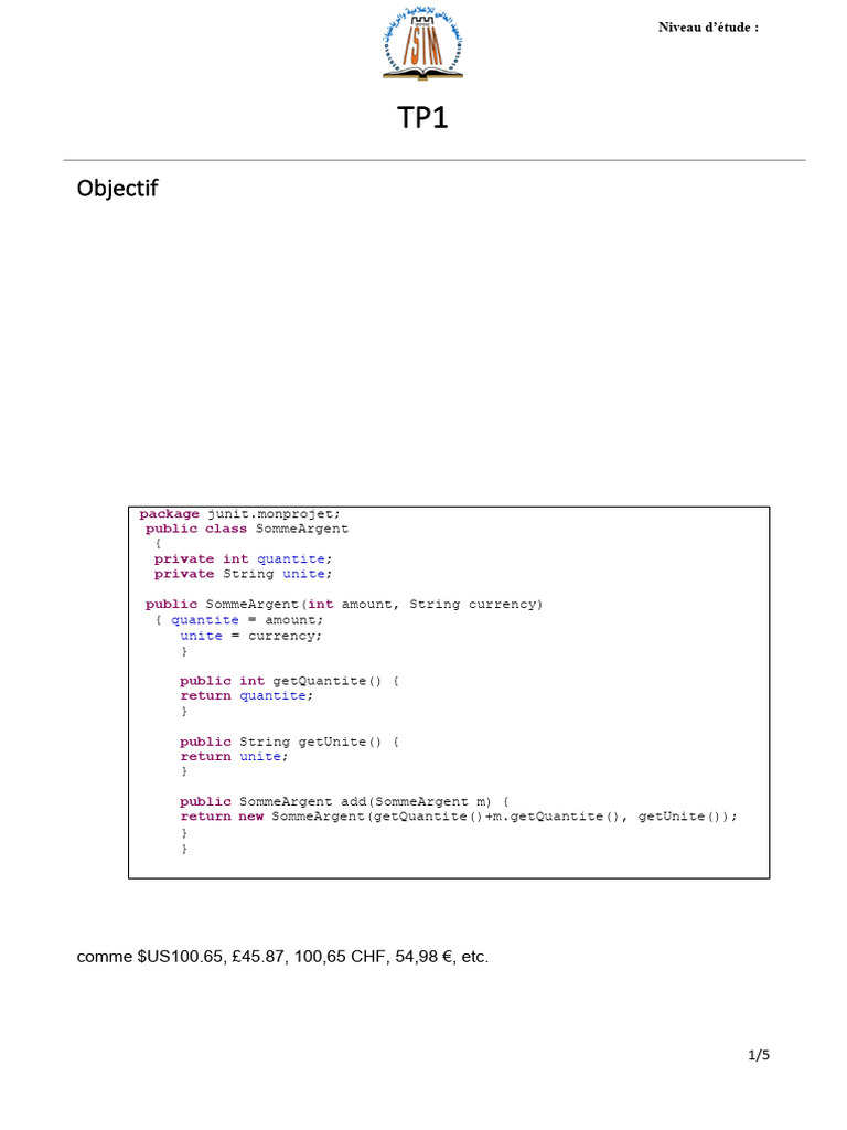 TP Java : Tests JUnit pour SommeArgent | PDF | Java (Langage de ...