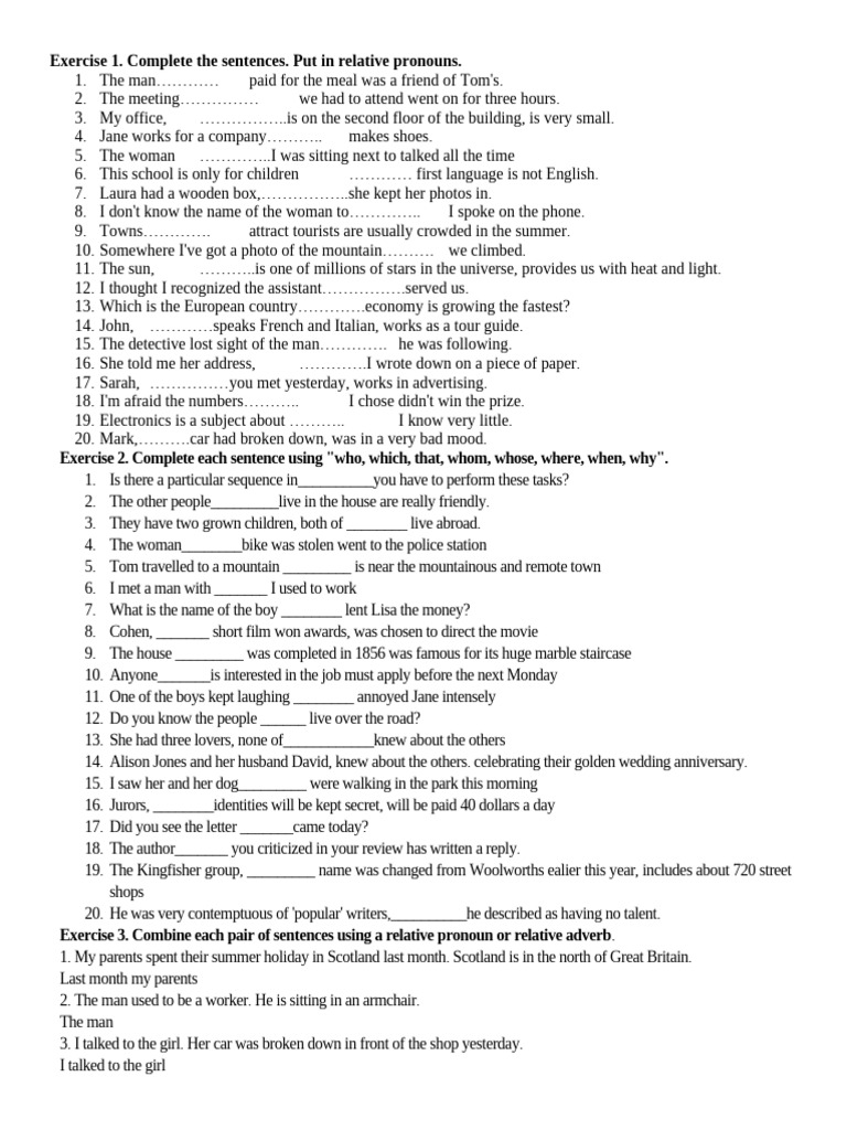 Relative Pronouns and Adverbs Exercises | PDF