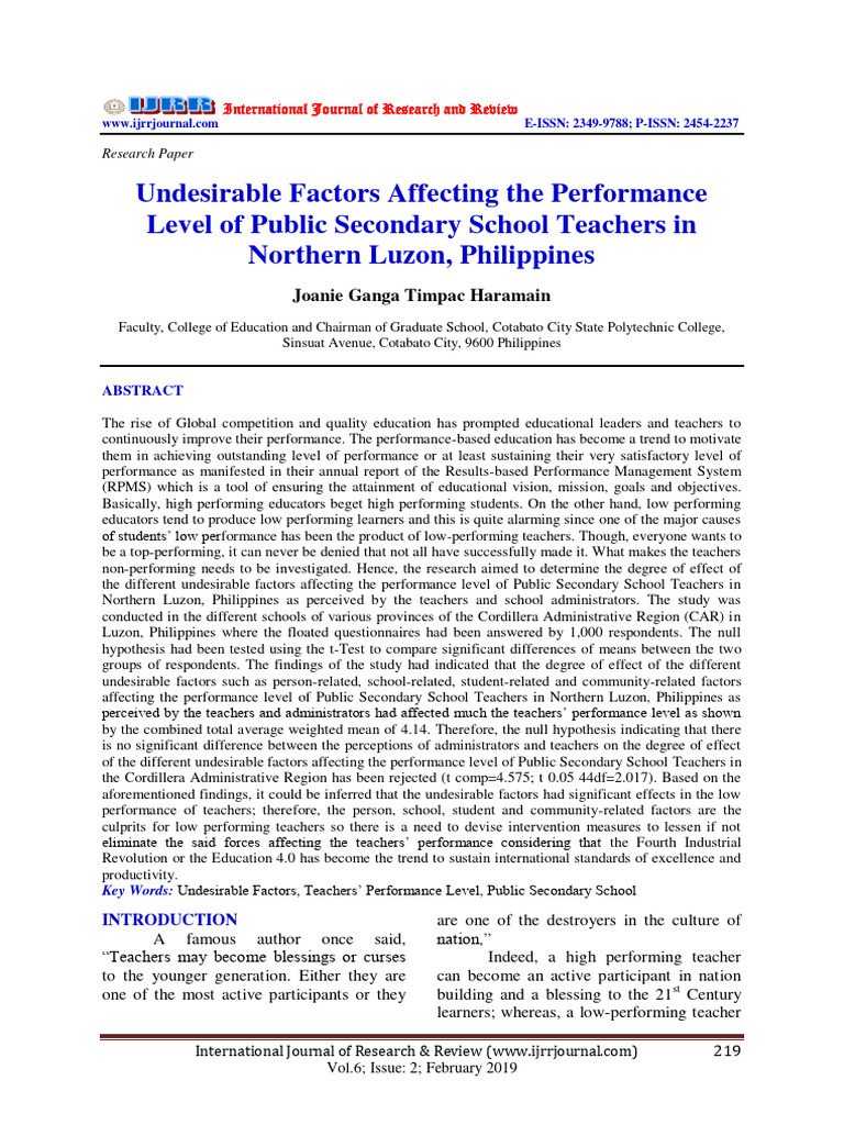 Undesirable Factors Affecting The Perfor | PDF | Teachers | Questionnaire