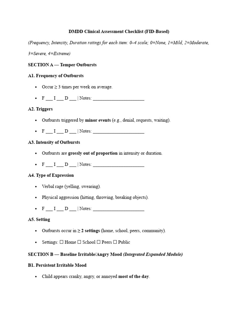 DMDD Clinical Assessment Checklist | PDF | Disability | Abnormal Psychology