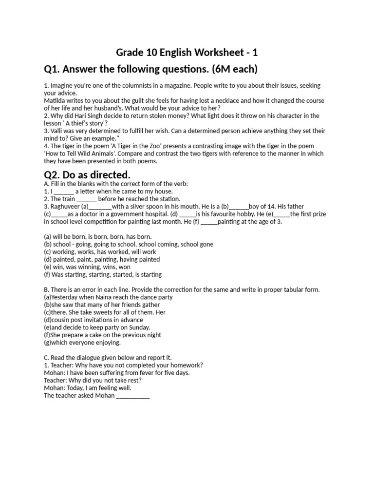Grade 10 English Worksheet - 1 | PDF