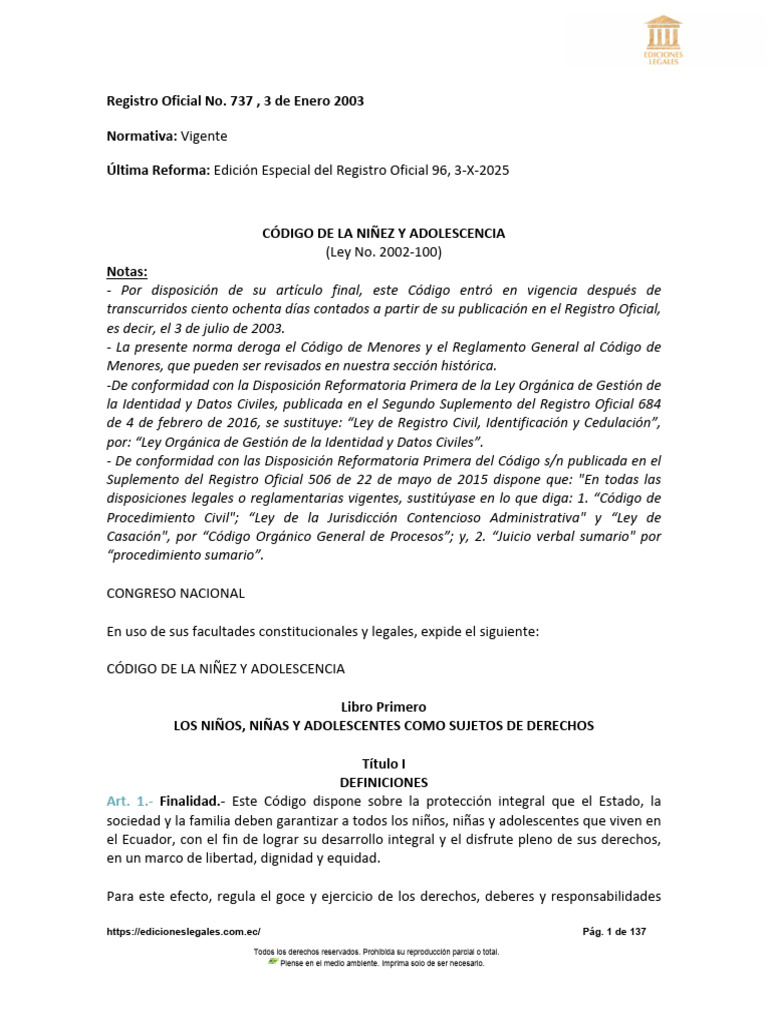 Código de La Niñez y Adolescencia-Cna | PDF | Derechos de los niños ...
