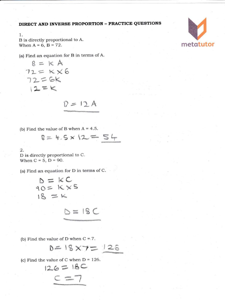 Direct and Inverse Proportion Solutions | PDF