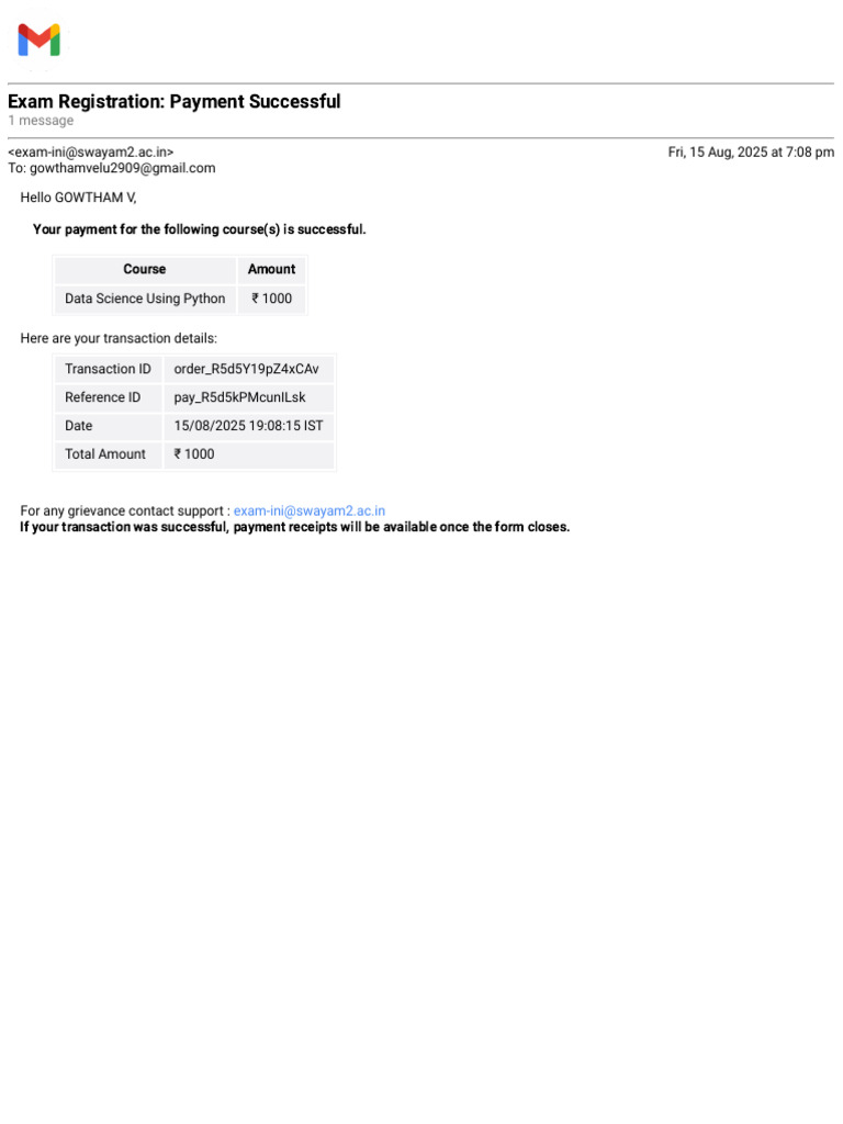 Payment Confirmation for Data Science Course | PDF