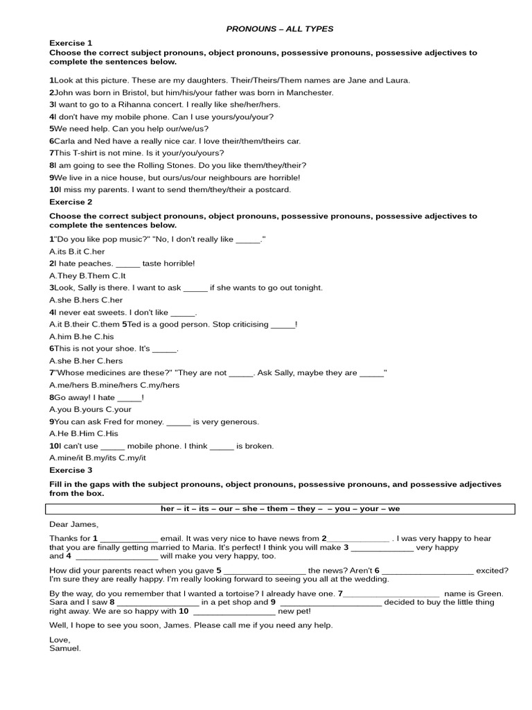 PRONOUNS - All Types Exercise | PDF | Linguistic Typology | Grammar