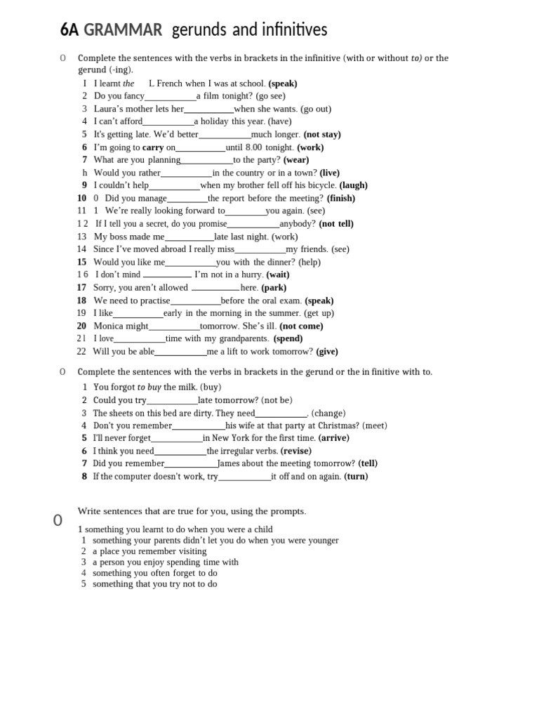 Gerunds and Infinitives Practice Exercises | PDF | Morphology ...