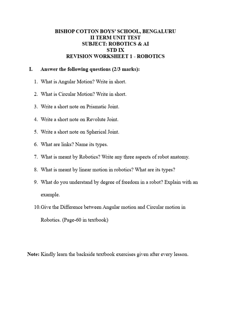 Robotics & AI Revision Worksheet IX | PDF